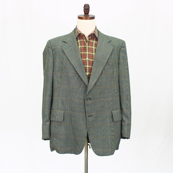 Vintage 70s Hart Schaffner Marx 44R Green Check Union Made USA Sport Coat Y163